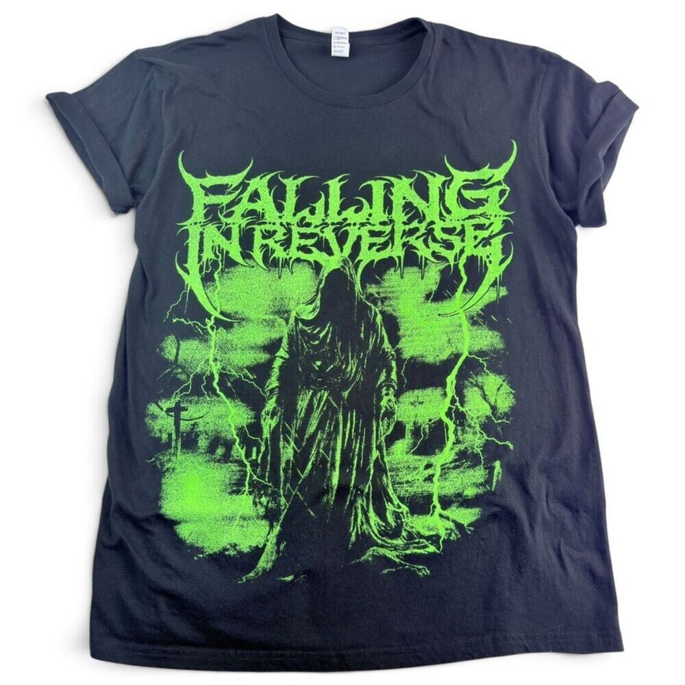 falling in reverse grim reaper graphic band t shirt black neon green size large - Picture 1 of 5